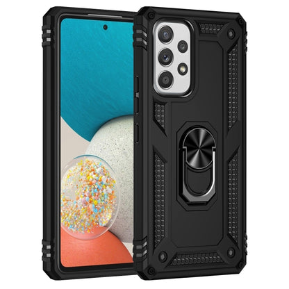 Black rugged shockproof phone case with metal ring kickstand and raised camera cover