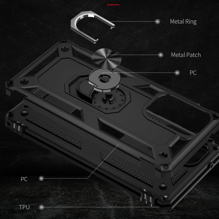 Black rugged phone case with TPU shock-absorption and PC shell with metal ring
