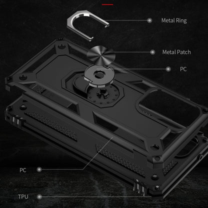 Black rugged phone case with TPU shock-absorption and PC shell with metal ring