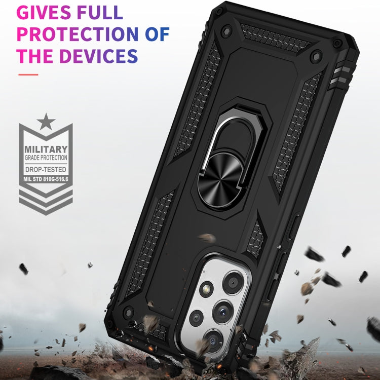 Black rugged phone case with metal ring kickstand, raised edges, and drop protection