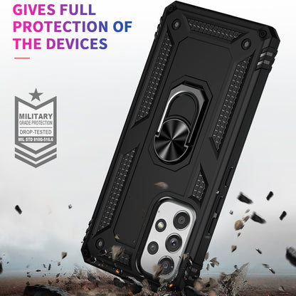Black rugged phone case with metal ring kickstand, raised edges, and drop protection