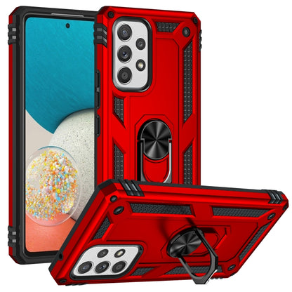 Red shockproof rugged phone case with metal ring kickstand and protective corner armor