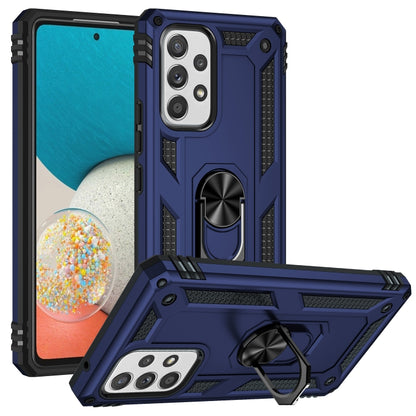 Shockproof phone case with kickstand ring, dark blue TPU and PC armor-style shell