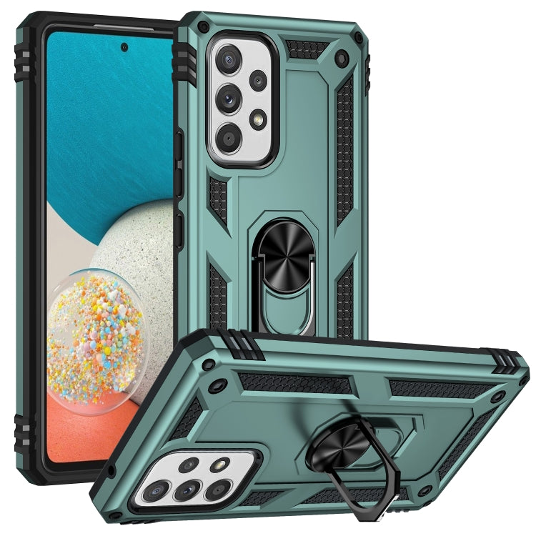 Shockproof phone case with kickstand ring, dark green TPU and PC armor-style shell