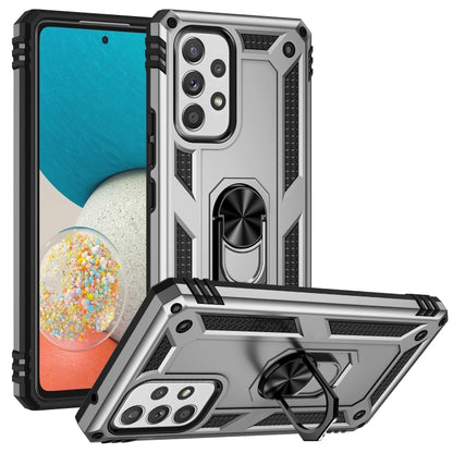 Rugged shockproof phone case in silver and black with built-in ring stand