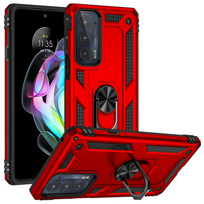 Red rugged shockproof phone case with metal ring kickstand and raised camera cover