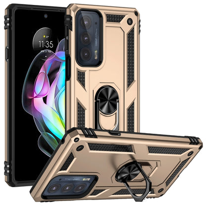 Shockproof phone case with kickstand ring, beige TPU and PC armor-style shell