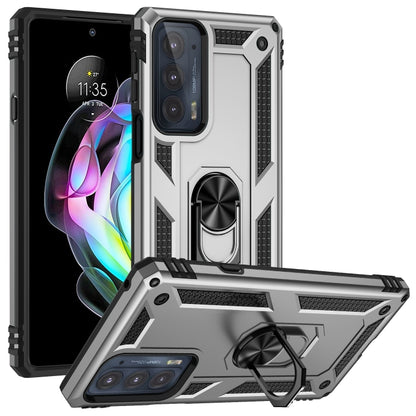 Rugged shockproof phone case in silver and black with camera cutouts and ring stand