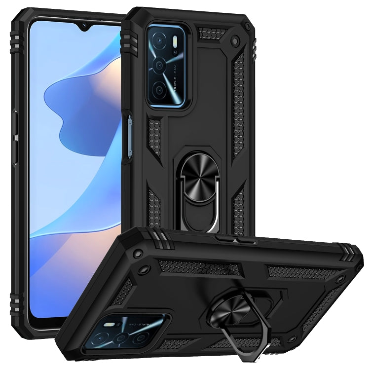 Black rugged shockproof phone case with metal ring kickstand and raised camera cutouts