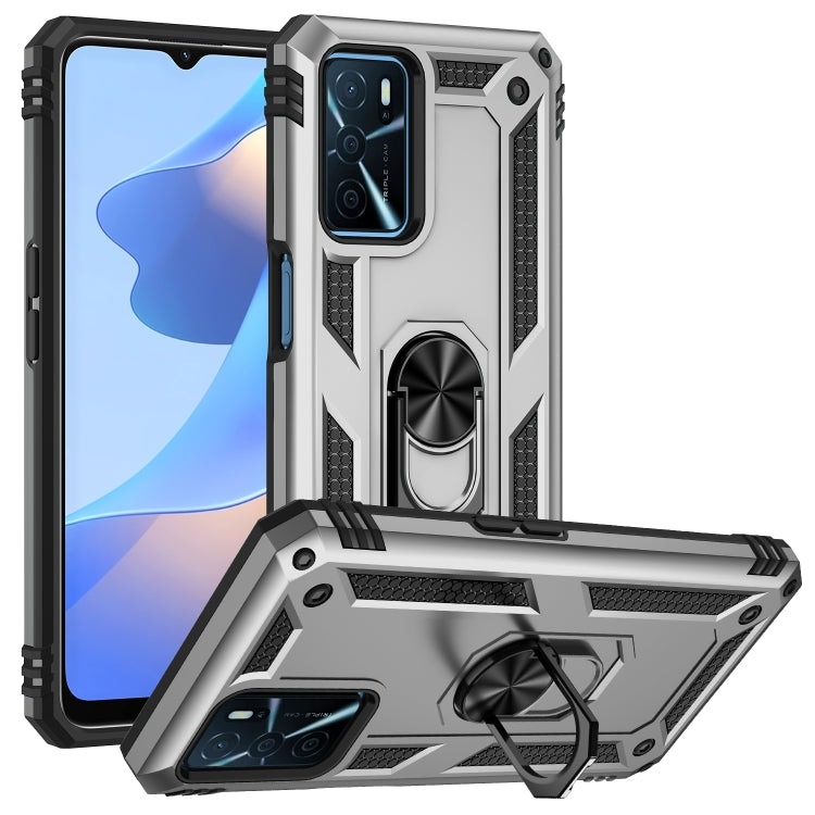 Rugged shockproof phone case in gray and black with ring stand and port openings