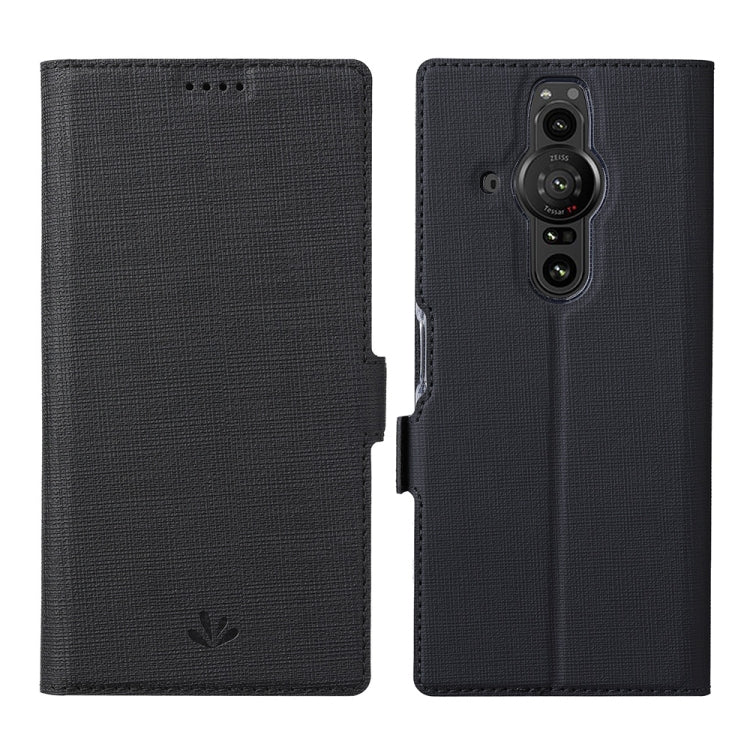 Magnetic flip leather phone case with wallet folio, black, for Xperia Pro-I, front & back