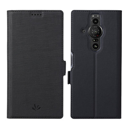 Magnetic flip leather phone case with wallet folio, black, for Xperia Pro-I, front & back