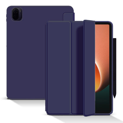 Navy blue tri-fold tablet case with front cover and stand bracket