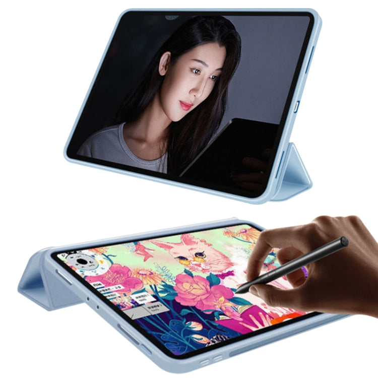 Light blue tri-fold tablet case propped up with stylus writing support