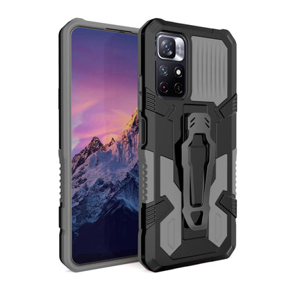 Grey and black rugged phone case with textured grips and raised camera cutouts