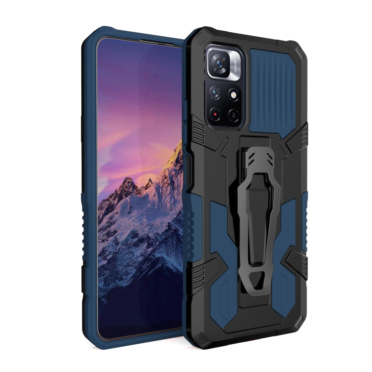 Blue and black rugged phone case with textured grips and camera cutouts