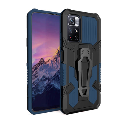 Blue and black rugged phone case with textured grips and camera cutouts