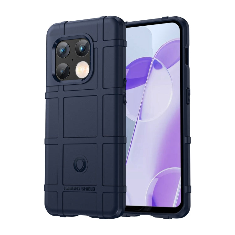 Blue rugged shockproof TPU phone case with raised edges and camera cutouts