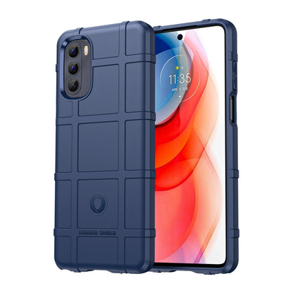 Rugged shockproof TPU phone case in blue with raised camera cutouts and shock-absorbing corners