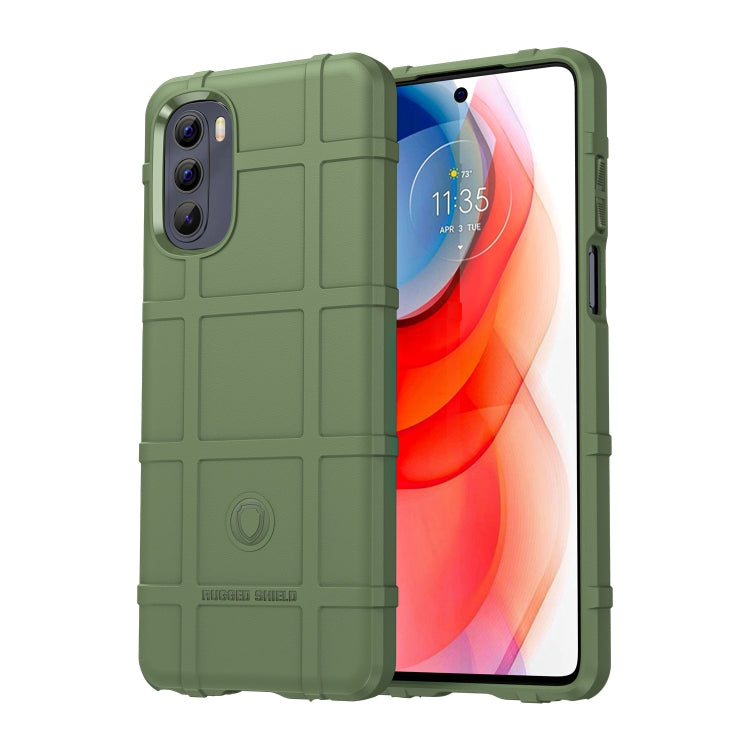 Rugged shockproof TPU phone case in olive green with raised camera cutouts and tactile grip