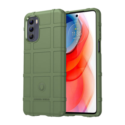 Rugged shockproof TPU phone case in olive green with raised camera cutouts and tactile grip