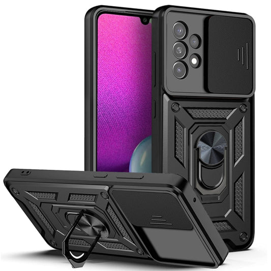 Black rugged sliding camera phone case with armored grip, kickstand ring, raised edges