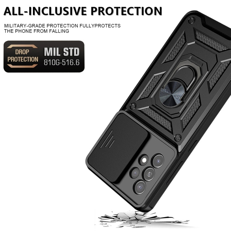 Black rugged sliding camera phone case with kickstand and reinforced corner protection