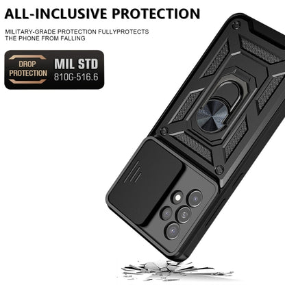 Black rugged sliding camera phone case with kickstand and reinforced corner protection