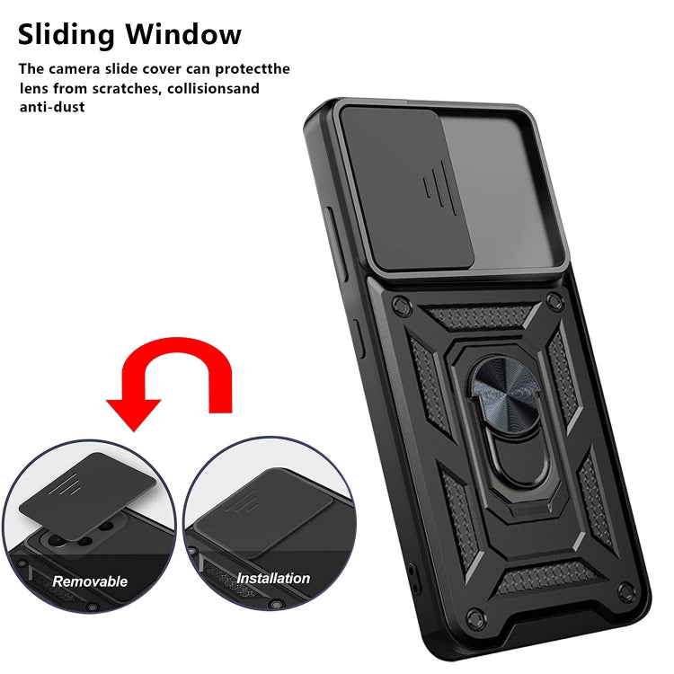 Black sliding camera window phone case with anti-scratch cover and rugged kickstand ring