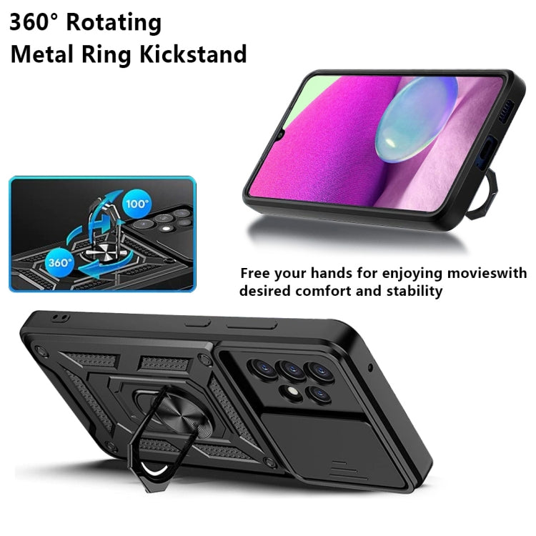 Black rugged phone case with 360° rotating metal ring kickstand and sliding camera cover