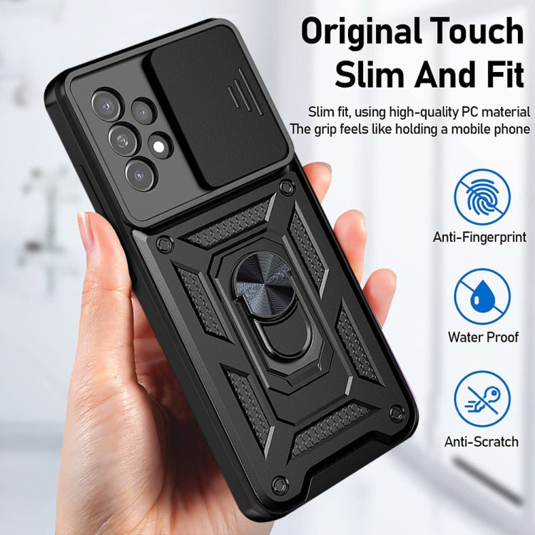 Black rugged touch-fit phone case with sliding camera cover and anti-fingerprint design