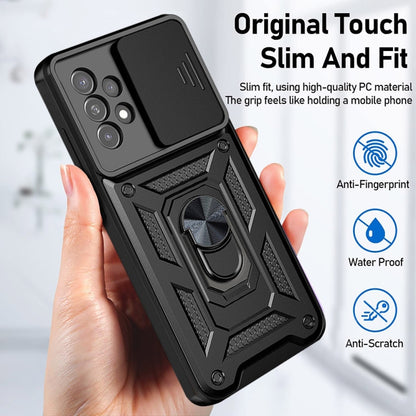 Black rugged touch-fit phone case with sliding camera cover and anti-fingerprint design