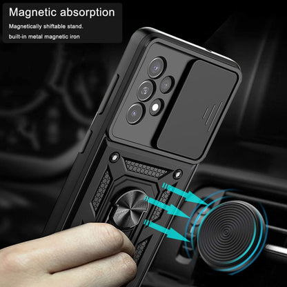 Black rugged phone case with magnetic kickstand and sliding camera window