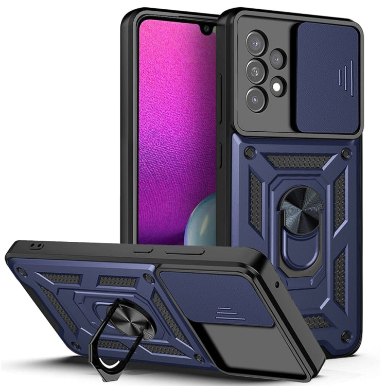 Blue rugged sliding camera phone case with armored grip and kickstand ring