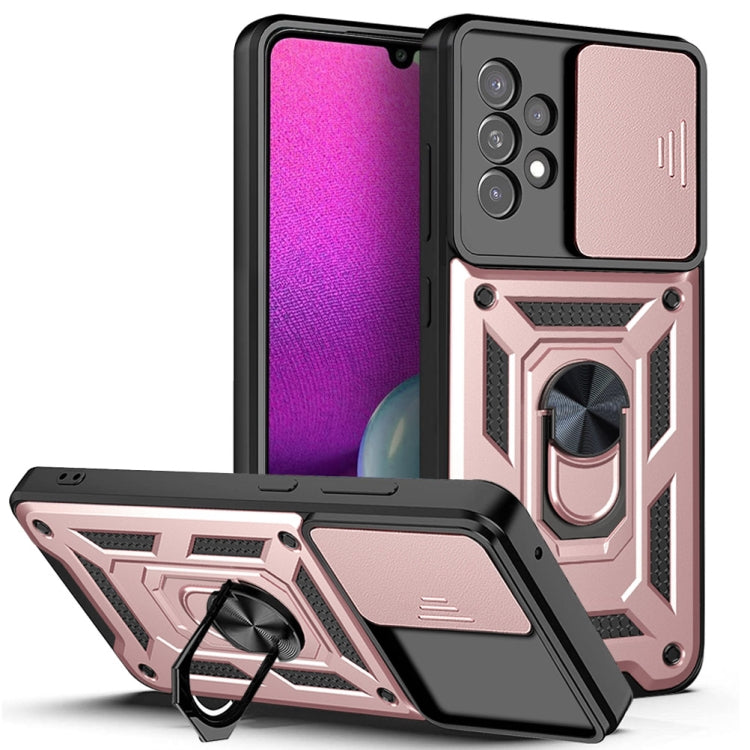 Rose gold rugged sliding camera phone case with armored grip and kickstand ring