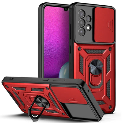 Red rugged sliding camera phone case with armored grip and kickstand ring