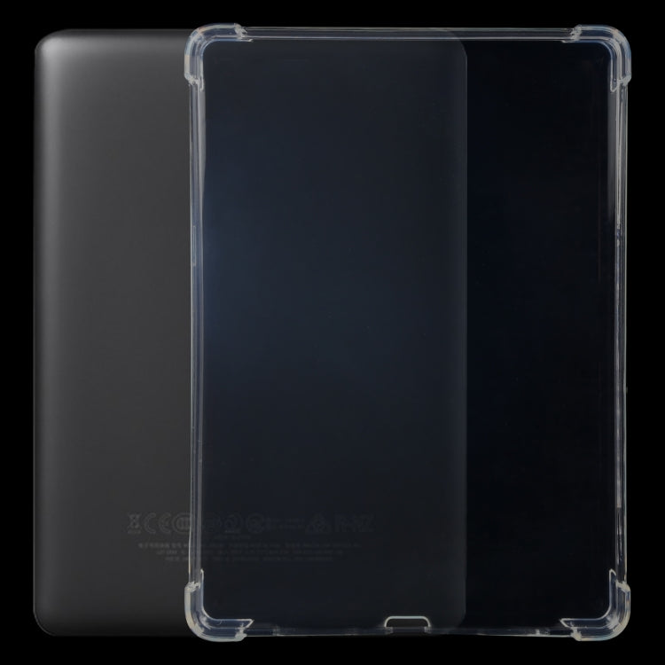 Transparent TPU tablet case with raised corners and open cutouts, front view