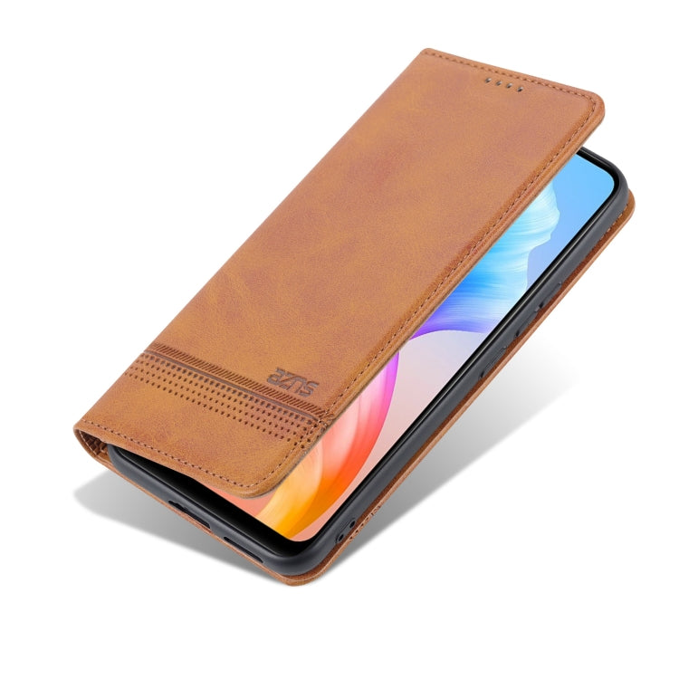 Light brown magnetic flip phone case, cover closed for phone with slim profile