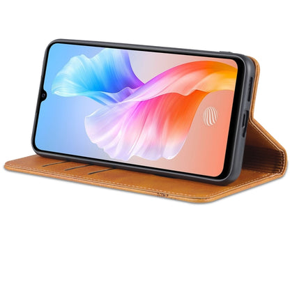 Light brown flip leather phone case propped as a stand with camera cutout