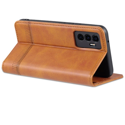 Light brown folio-style phone case with textured strip and cutout for triple cameras