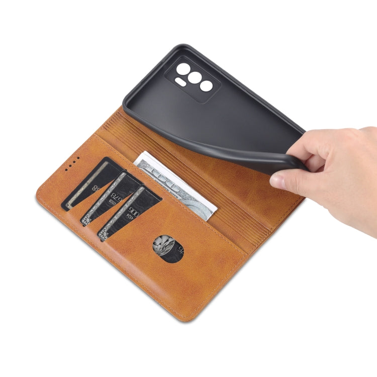 Light brown magnetic flip phone case with card slots and hand lifting the inner cover