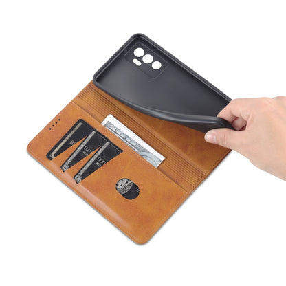 Light brown magnetic flip phone case with card slots and hand lifting the inner cover