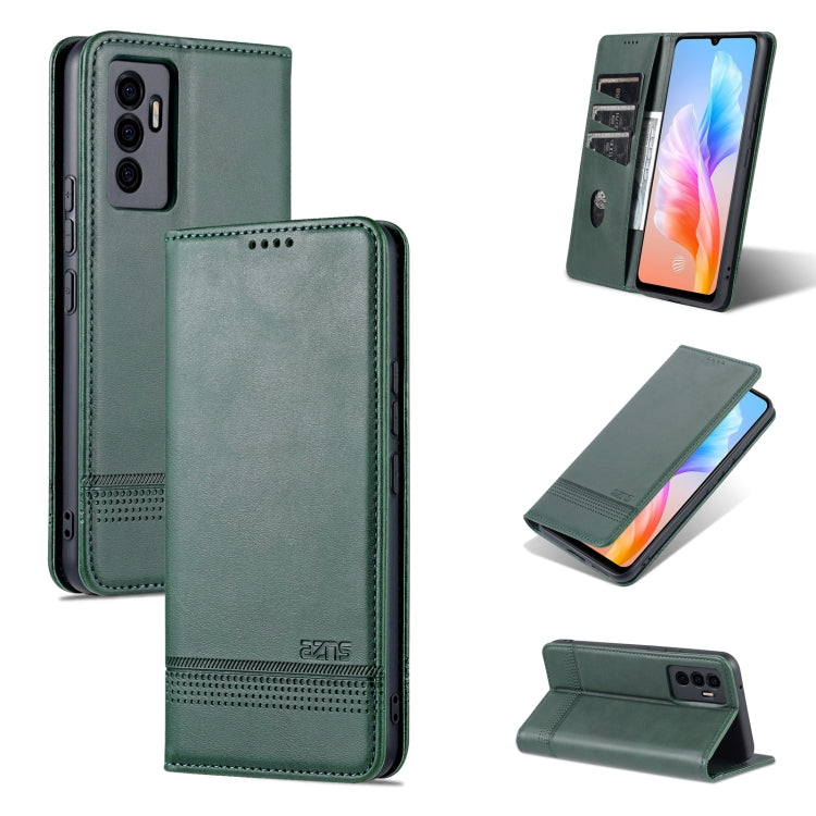 Dark green magnetic flip leather phone case with perforated texture and card slots
