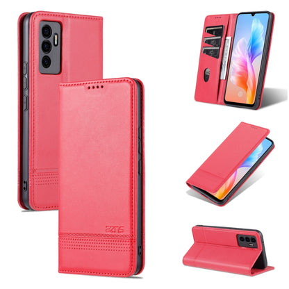 Red magnetic flip leather phone case with textured strip and camera cutout
