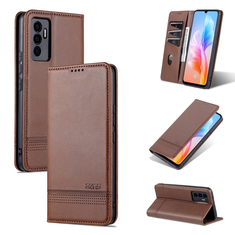 Brown magnetic flip leather phone case with textured finish and built-in stand