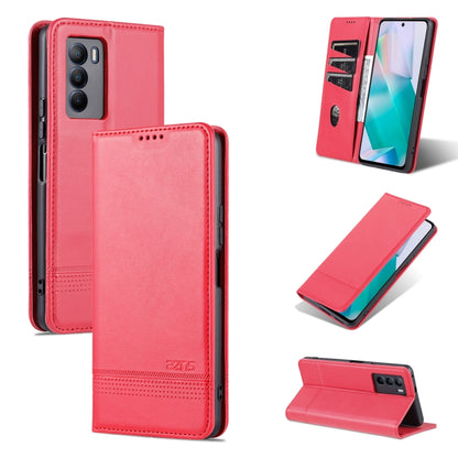 Red magnetic flip leather phone case with textured finish and kickstand
