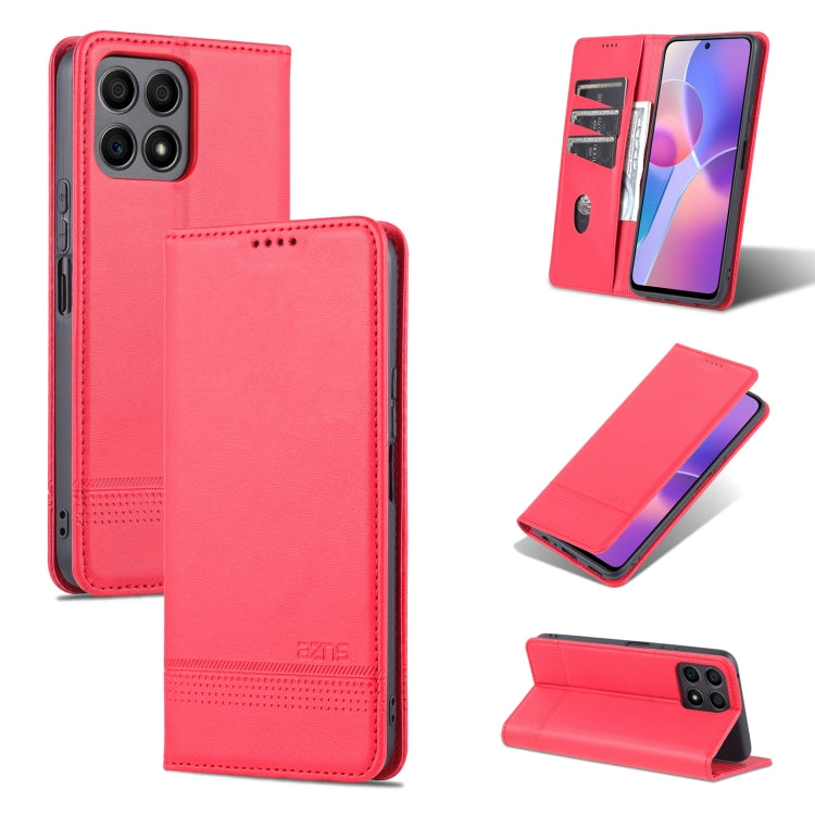 Red magnetic flip leather phone case with interior card slot and stand