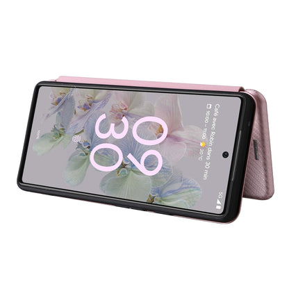 Pink magnetic flip phone case with carbon-fiber texture for Google Pixel 6a, phone mounted