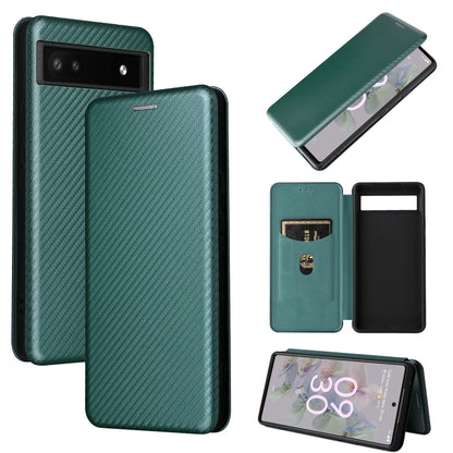 Green carbon-fiber texture magnetic flip phone case for Google Pixel 6a