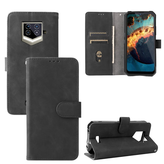 Black leather phone case with magnetic buckle, flip cover and stand support.